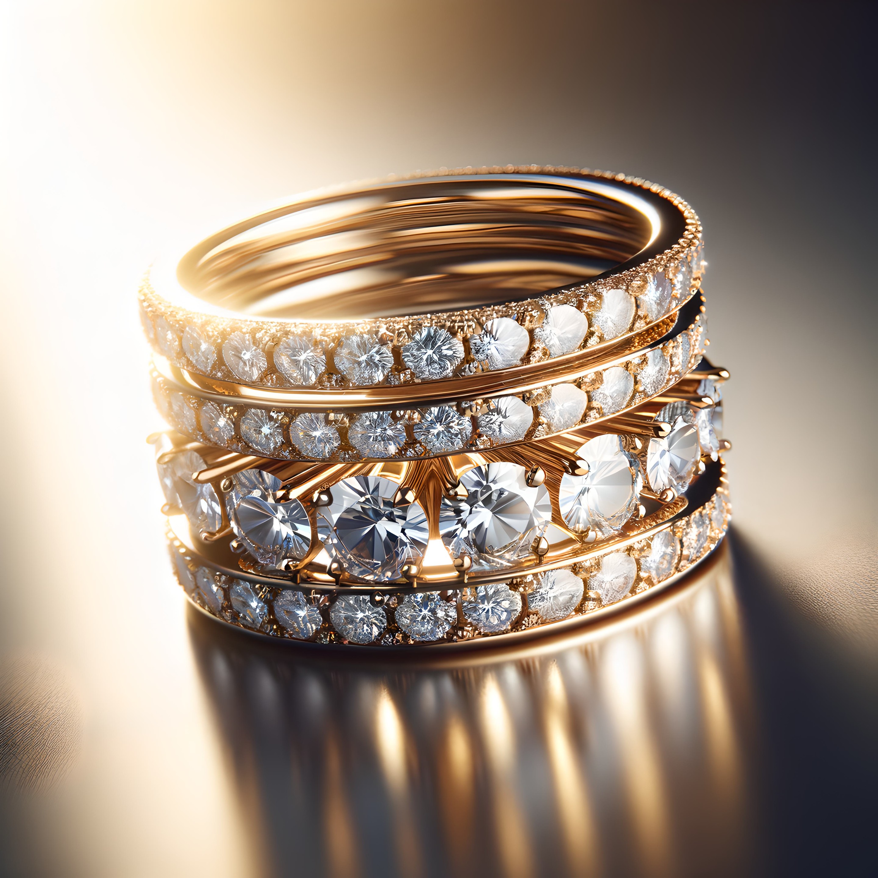Stackable diamond band, set in polished 14k gold, offers endless
