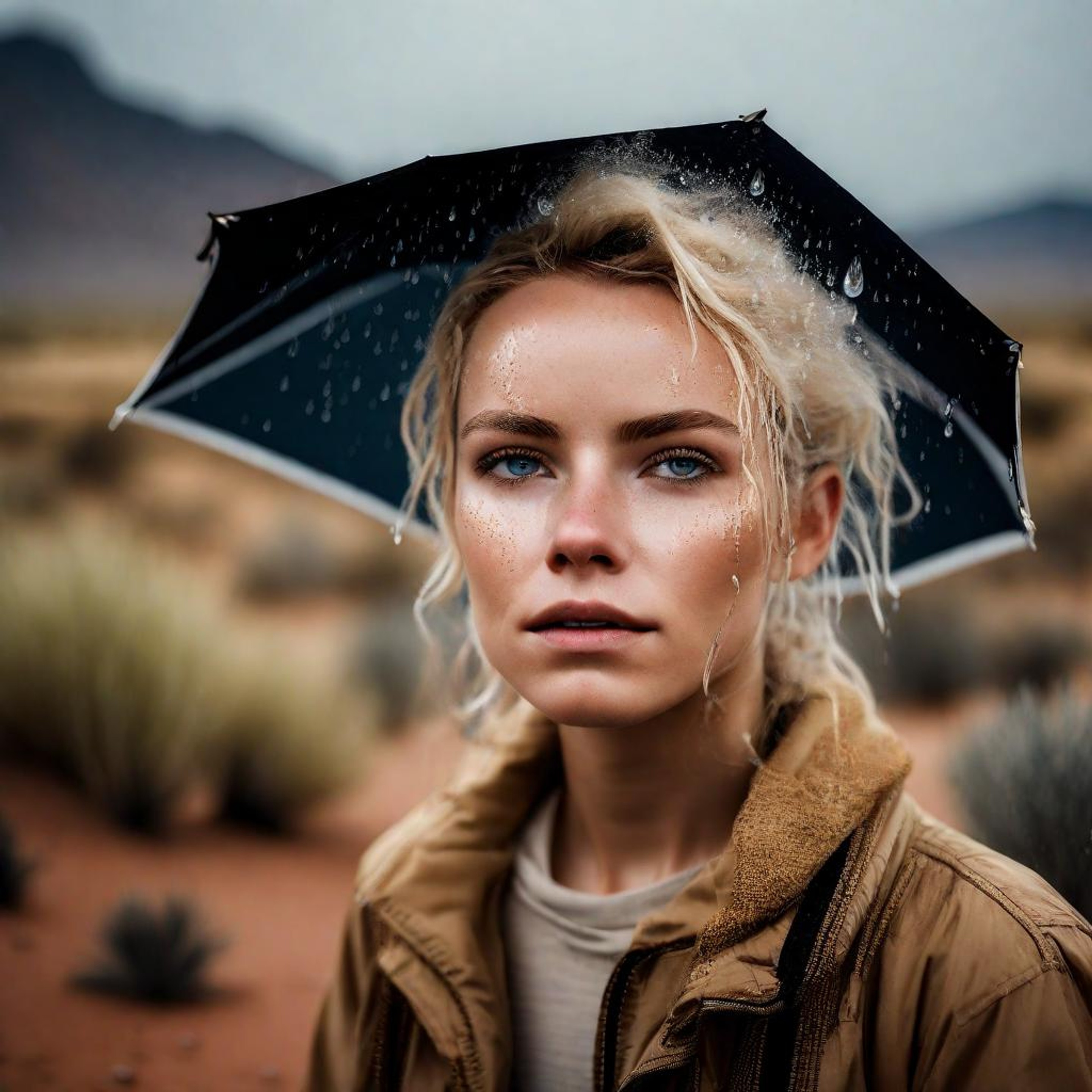 Desert Rain Blonde Woman Embracing Nature's Gift LimeWire
