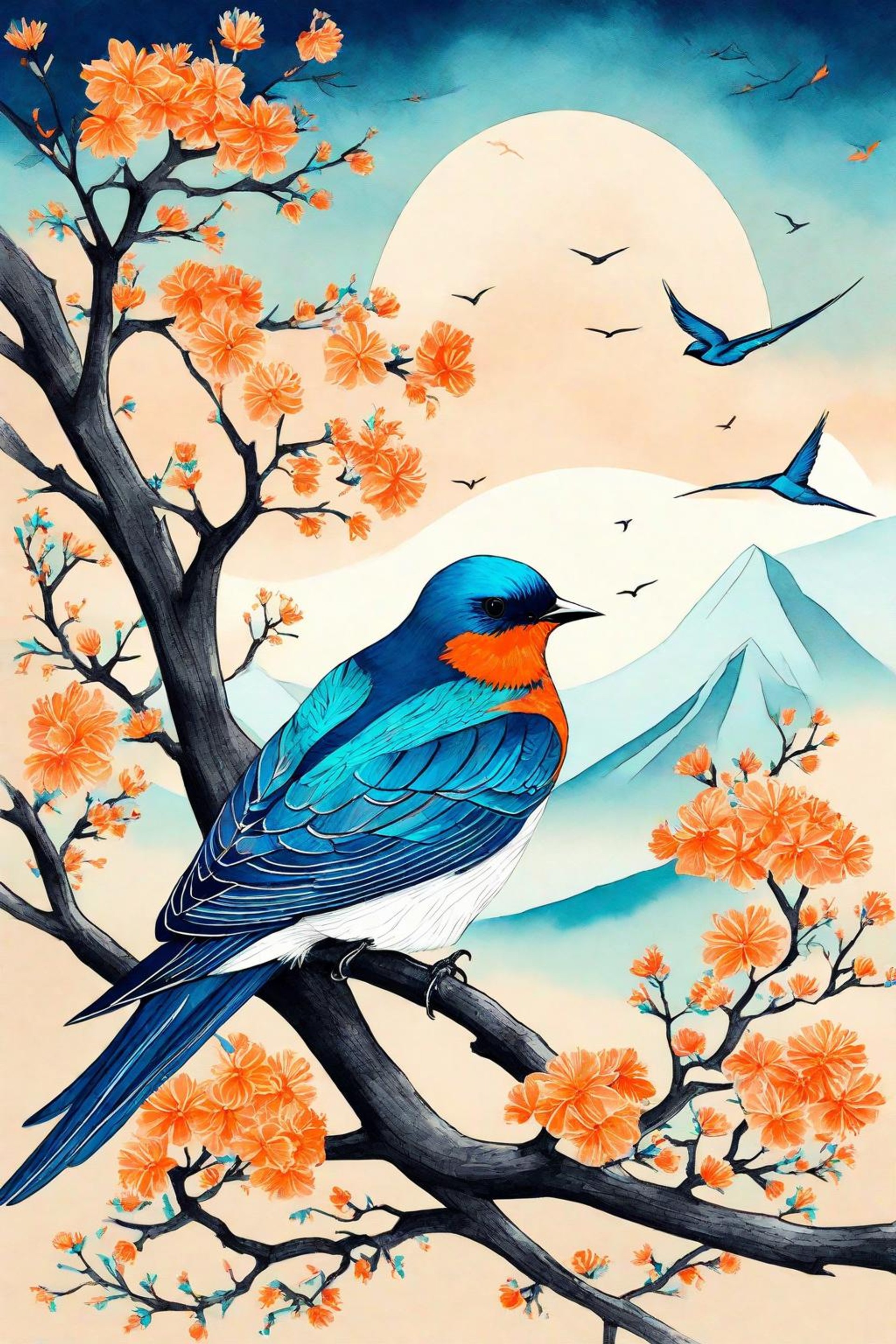 "Serene Swallow Blue Feathers, Apricot Blossoms, Mountain Silhouettes
